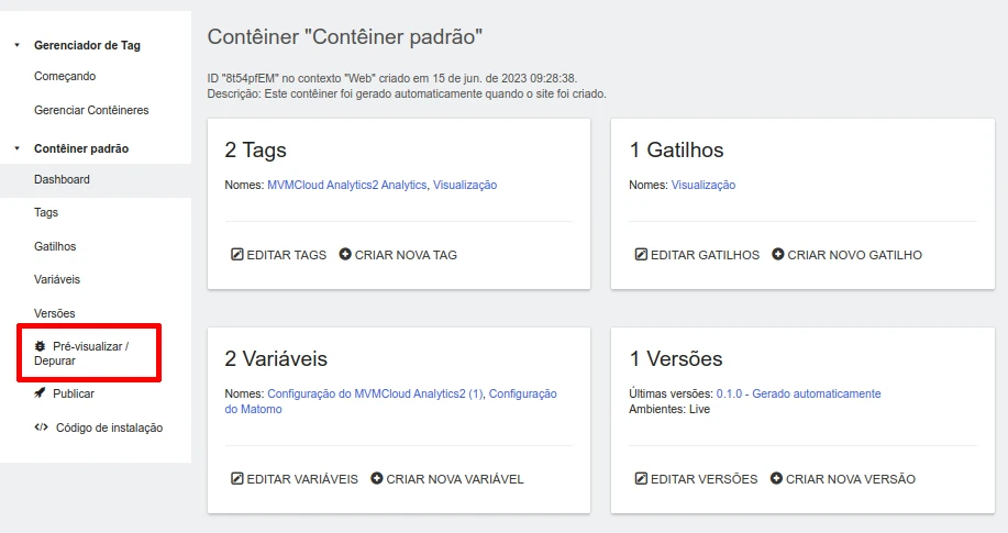 View and debug a container in the tag manager