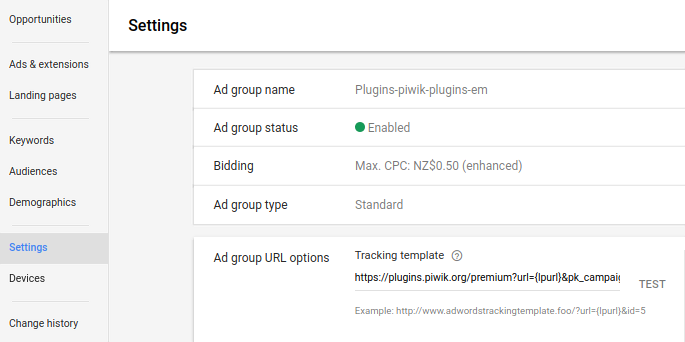 Ad group level tracking template
