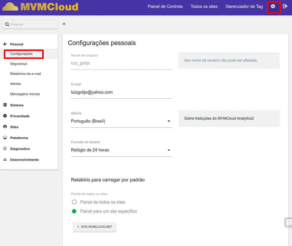Configurações pessoais
