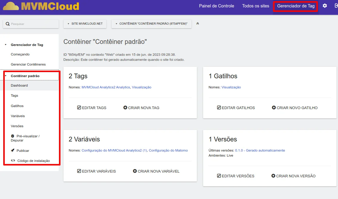 Painel do Gerenciador de Tag