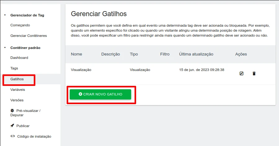 Gerenciar gatilhos