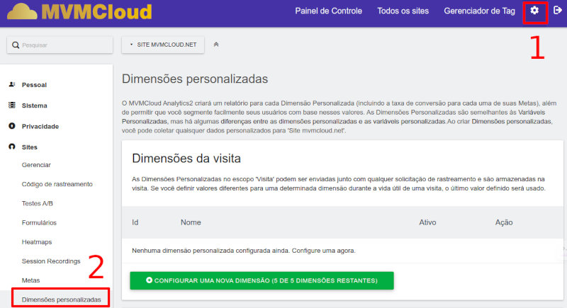 Menu dimensões personalizadas